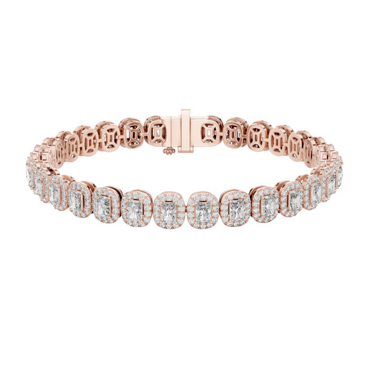 7.04 CT Lab Diamond Halo Tennis Bracelet | Emerald & Round Brilliant Cut | VVS–VS EF CVD | 10KT, 14KT, 18KT Gold & 925 Silver | Rose, Yellow, White Gold Options | Luxury Fine Jewelry