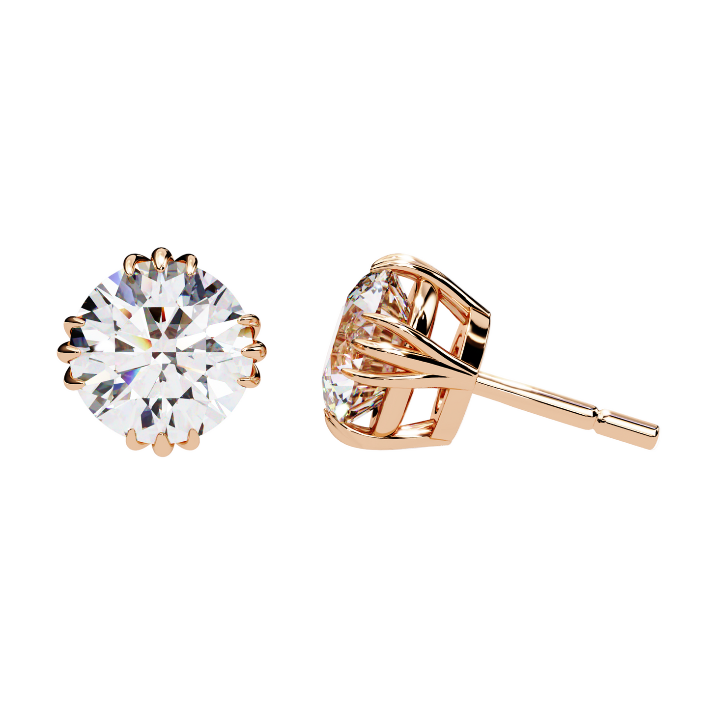 3ct Lab Diamond Stud Earrings | 1.50ct Each Solitaire in 10K 14K 18K Gold or 925 Silver | Floral Crown Prong Design | Classic Elegant Gift