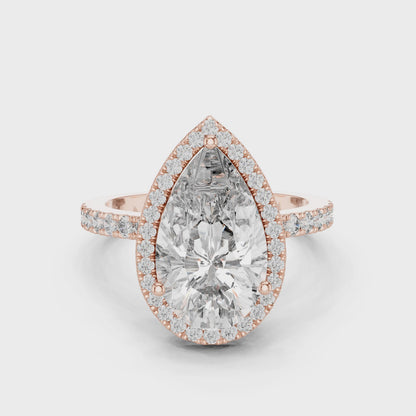 4.47 CT Pear Cut Lab Diamond Halo Ring for Women | VVS-VS EF CVD | 18KT, 14KT, 10KT Gold & 925 Silver | Rose, Yellow, White Gold & Moissanite Options