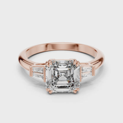 1.97 CT Asscher Cut Lab Diamond Three-Stone Ring | VVS-VS EF Clarity | 18KT, 14KT, 10KT Gold & 925 Silver | Rose, Yellow, White Gold & Moissanite Options
