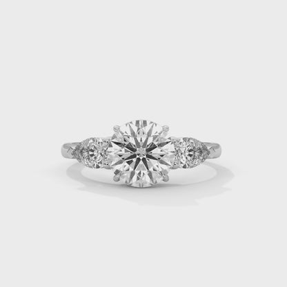 2CT Round Lab Diamond Engagement Ring with Pear Side Stones | VVS Clarity | 3-Stone Gold Ring | Lab Grown Diamond Ring | Custom Bridal Jewel