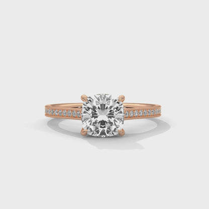 2ct Cushion Cut Lab Diamond Engagement Ring with Pave Band | Solid Gold Solitaire Ring in Yellow, Rose & White Gold | VVS Clarity