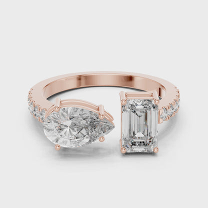 2.10 CT Emerald & Pear Cut Lab Diamond Ring | Dual Center Stone | VVS-VS EF Clarity | 18KT, 14KT, 10KT Gold & 925 Silver | Moissanite Options in Rose, Yellow, White Gold