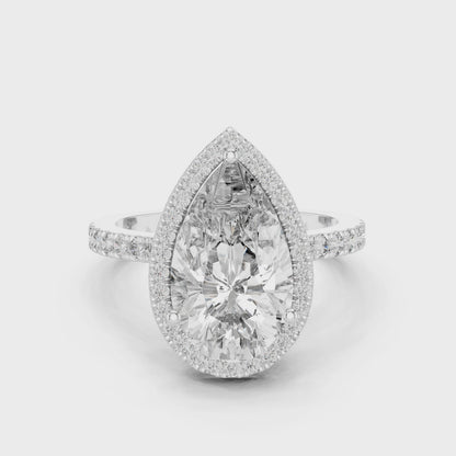 4.47 CT Pear Cut Lab Diamond Halo Ring for Women | VVS-VS EF CVD | 18KT, 14KT, 10KT Gold & 925 Silver | Rose, Yellow, White Gold & Moissanite Options