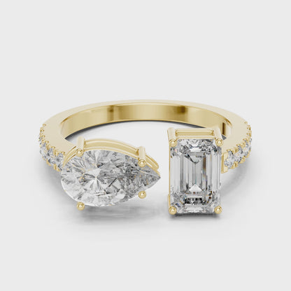 2.10 CT Emerald & Pear Cut Lab Diamond Ring | Dual Center Stone | VVS-VS EF Clarity | 18KT, 14KT, 10KT Gold & 925 Silver | Moissanite Options in Rose, Yellow, White Gold