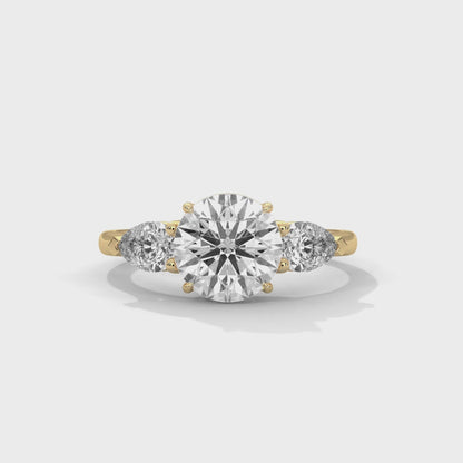 2CT Round Lab Diamond Engagement Ring with Pear Side Stones | VVS Clarity | 3-Stone Gold Ring | Lab Grown Diamond Ring | Custom Bridal Jewel