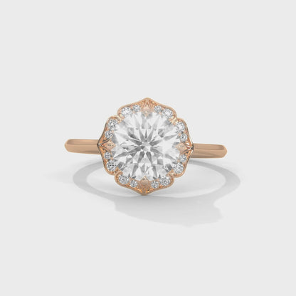 Floral Halo 2ct Round Lab Diamond Ring – Yellow/Rose/White Gold | Vintage Style Engagement Ring | VVS Clarity Lab Grown Solitaire