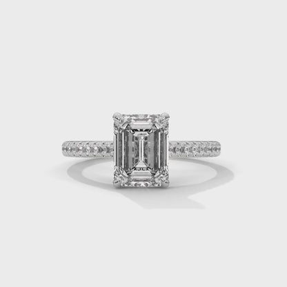 Emerald Cut Lab Diamond Engagement Ring–2ct Solitaire with Pave Band | 14K/18K/10K Yellow/Rose/White Gold | Elegant Lab Grown Diamond Ring