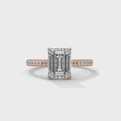 Emerald Cut Lab Diamond Engagement Ring–2ct Solitaire with Pave Band | 14K/18K/10K Yellow/Rose/White Gold | Elegant Lab Grown Diamond Ring