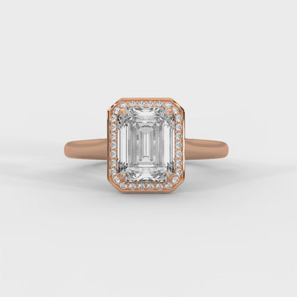 Emerald Cut Lab Diamond Halo Engagement Ring – 2ct Center VVS Clarity – Solid Gold in Rose, Yellow, or White – Vintage Style Bridal Ring