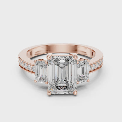 2.66 CT Emerald Cut Lab Diamond 3-Stone Ring for Women | VVS-VS EF CVD | 18KT, 14KT, 10KT Gold & 925 Silver | Rose, Yellow, White Gold & Moissanite Options