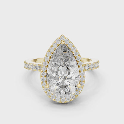 4.47 CT Pear Cut Lab Diamond Halo Ring for Women | VVS-VS EF CVD | 18KT, 14KT, 10KT Gold & 925 Silver | Rose, Yellow, White Gold & Moissanite Options
