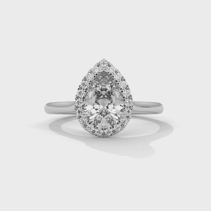 Pear Cut Lab Diamond Halo Engagement Ring – Solid Gold Solitaire Ring with Accent Diamonds | 14K 18K 10K Yellow, Rose, White Gold