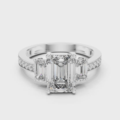 2.66 CT Emerald Cut Lab Diamond 3-Stone Ring for Women | VVS-VS EF CVD | 18KT, 14KT, 10KT Gold & 925 Silver | Rose, Yellow, White Gold & Moissanite Options