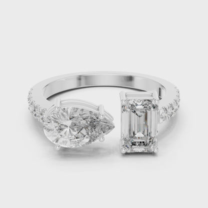 2.10 CT Emerald & Pear Cut Lab Diamond Ring | Dual Center Stone | VVS-VS EF Clarity | 18KT, 14KT, 10KT Gold & 925 Silver | Moissanite Options in Rose, Yellow, White Gold