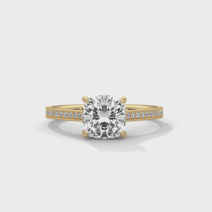 2ct Cushion Cut Lab Diamond Engagement Ring with Pave Band | Solid Gold Solitaire Ring in Yellow, Rose & White Gold | VVS Clarity