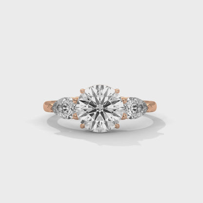 2CT Round Lab Diamond Engagement Ring with Pear Side Stones | VVS Clarity | 3-Stone Gold Ring | Lab Grown Diamond Ring | Custom Bridal Jewel