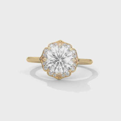 Floral Halo 2ct Round Lab Diamond Ring – Yellow/Rose/White Gold | Vintage Style Engagement Ring | VVS Clarity Lab Grown Solitaire