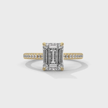 Emerald Cut Lab Diamond Engagement Ring–2ct Solitaire with Pave Band | 14K/18K/10K Yellow/Rose/White Gold | Elegant Lab Grown Diamond Ring