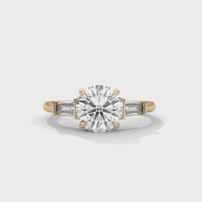 Elegant 3-Stone Lab Diamond Engagement Ring | Round Cut with Baguette Accents | Available in 10K 14K 18K Gold & 925 Silver