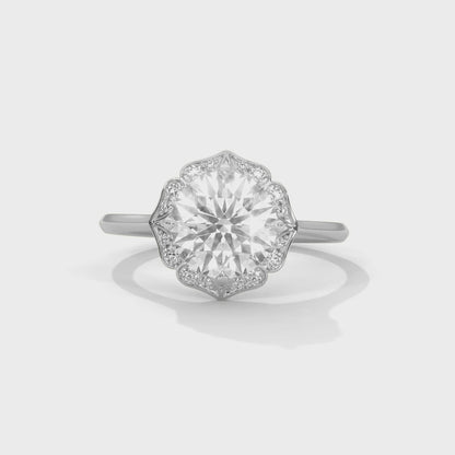 Floral Halo 2ct Round Lab Diamond Ring – Yellow/Rose/White Gold | Vintage Style Engagement Ring | VVS Clarity Lab Grown Solitaire