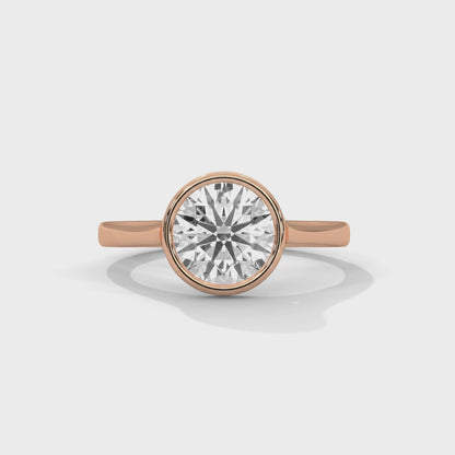 Bezel Set Round Lab Diamond Engagement Ring – 2ct VVS Clarity – Solid Gold in Yellow, Rose, or White – Minimalist Modern Solitaire Ring