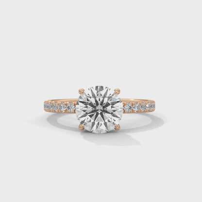 Round Solitaire Lab Diamond Engagement Ring | Solid Gold or 925 Silver | 4 Prong Pave Setting | Customizable 10K 14K 18K | Anniversary Ring