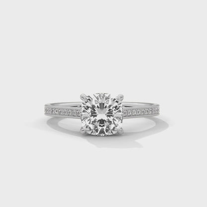 2ct Cushion Cut Lab Diamond Engagement Ring with Pave Band | Solid Gold Solitaire Ring in Yellow, Rose & White Gold | VVS Clarity
