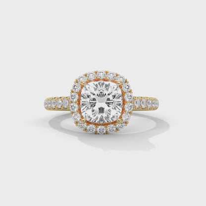 Cushion Cut Lab Diamond Halo Engagement Ring | 2ct Center | Solid Gold | Dainty Pave Diamond Ring | Yellow, Rose & White Gold