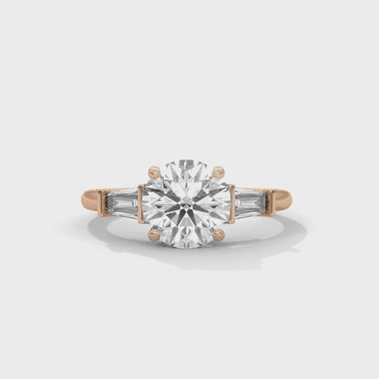 Elegant 3-Stone Lab Diamond Engagement Ring | Round Cut with Baguette Accents | Available in 10K 14K 18K Gold & 925 Silver