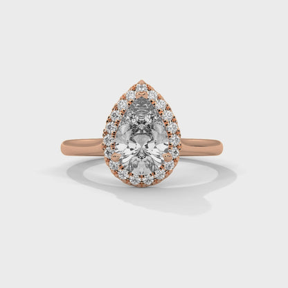 Pear Cut Lab Diamond Halo Engagement Ring – Solid Gold Solitaire Ring with Accent Diamonds | 14K 18K 10K Yellow, Rose, White Gold
