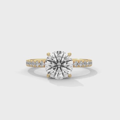 Round Solitaire Lab Diamond Engagement Ring | Solid Gold or 925 Silver | 4 Prong Pave Setting | Customizable 10K 14K 18K | Anniversary Ring